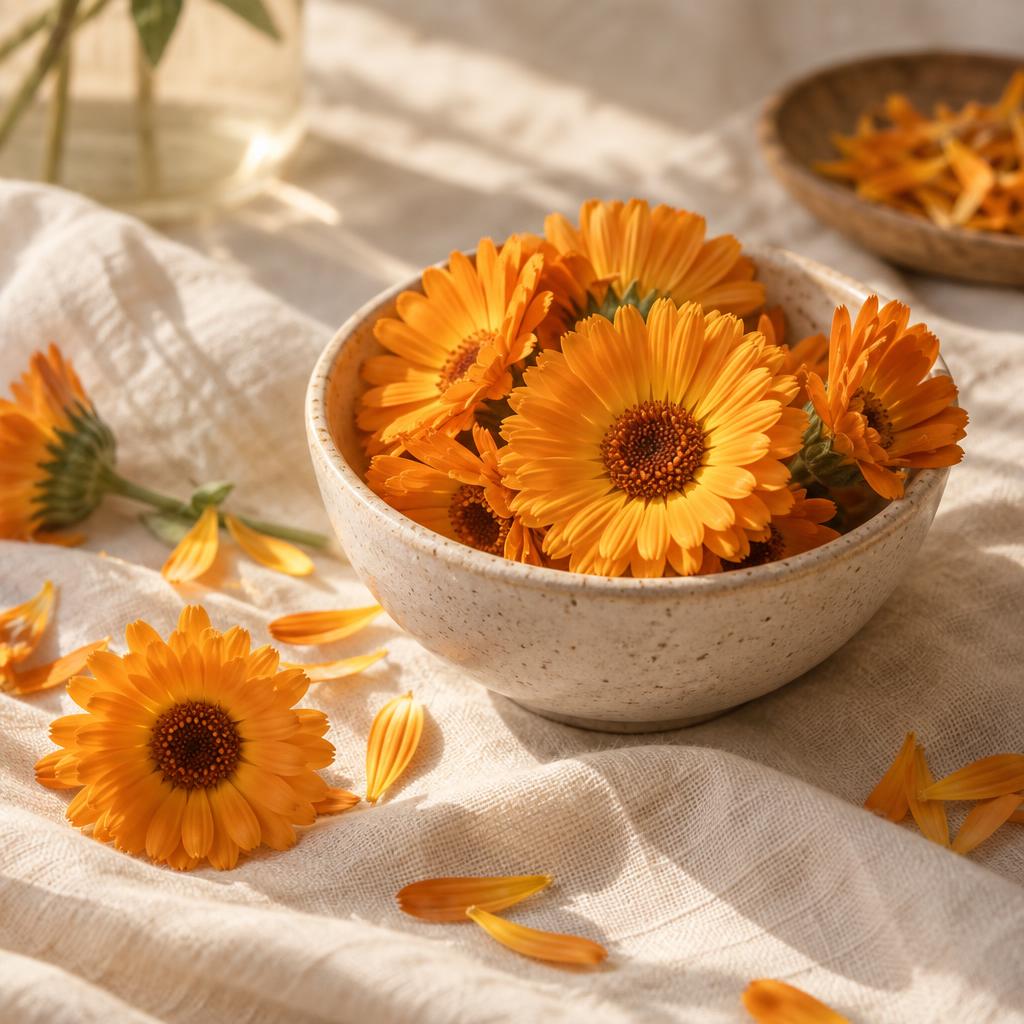 Dried calendula flowers and golden petals on cream linen