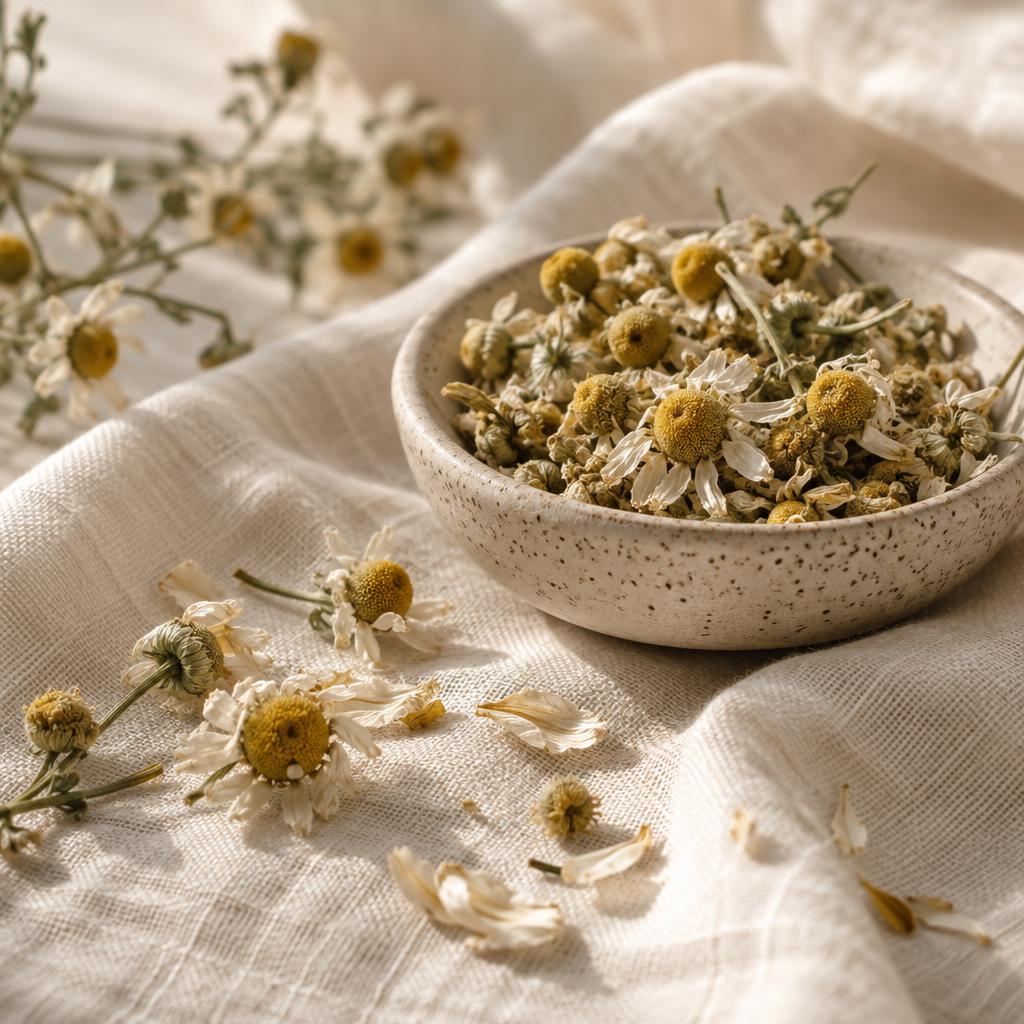 Dried chamomile buds and fresh white chamomile blossoms on cream linen