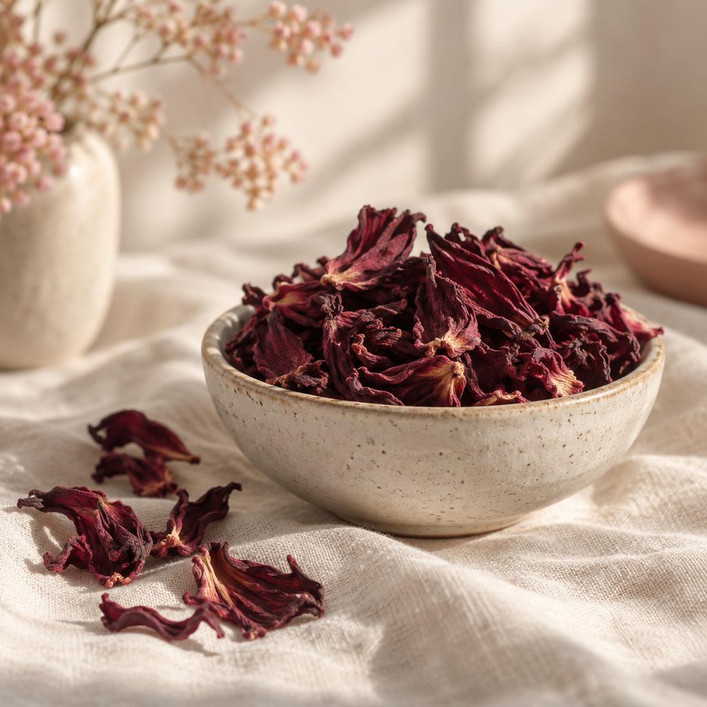 Dried hibiscus flowers and a cup of ruby hibiscus tea on cream linen