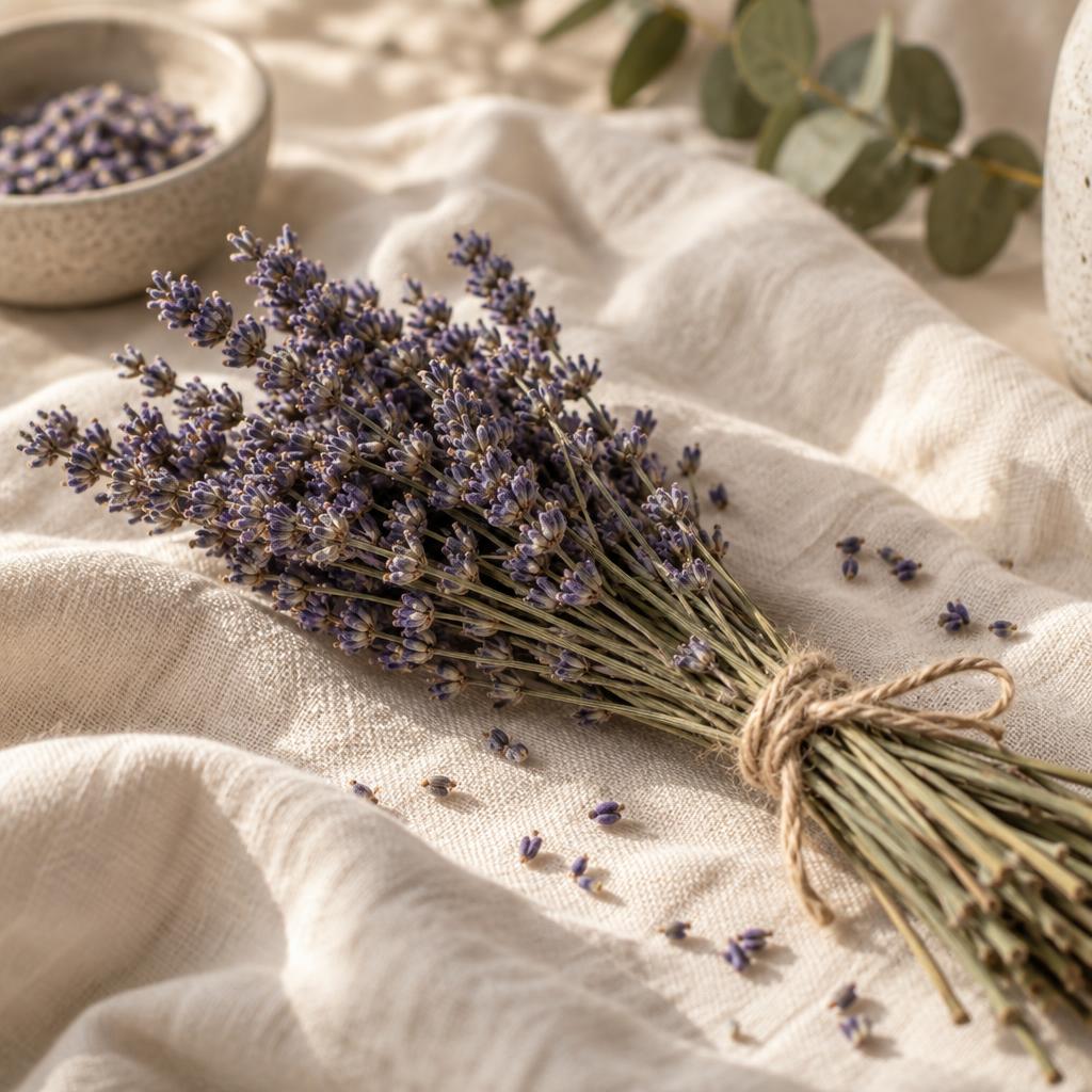 Dried lavender buds and fresh lavender sprigs on cream linen