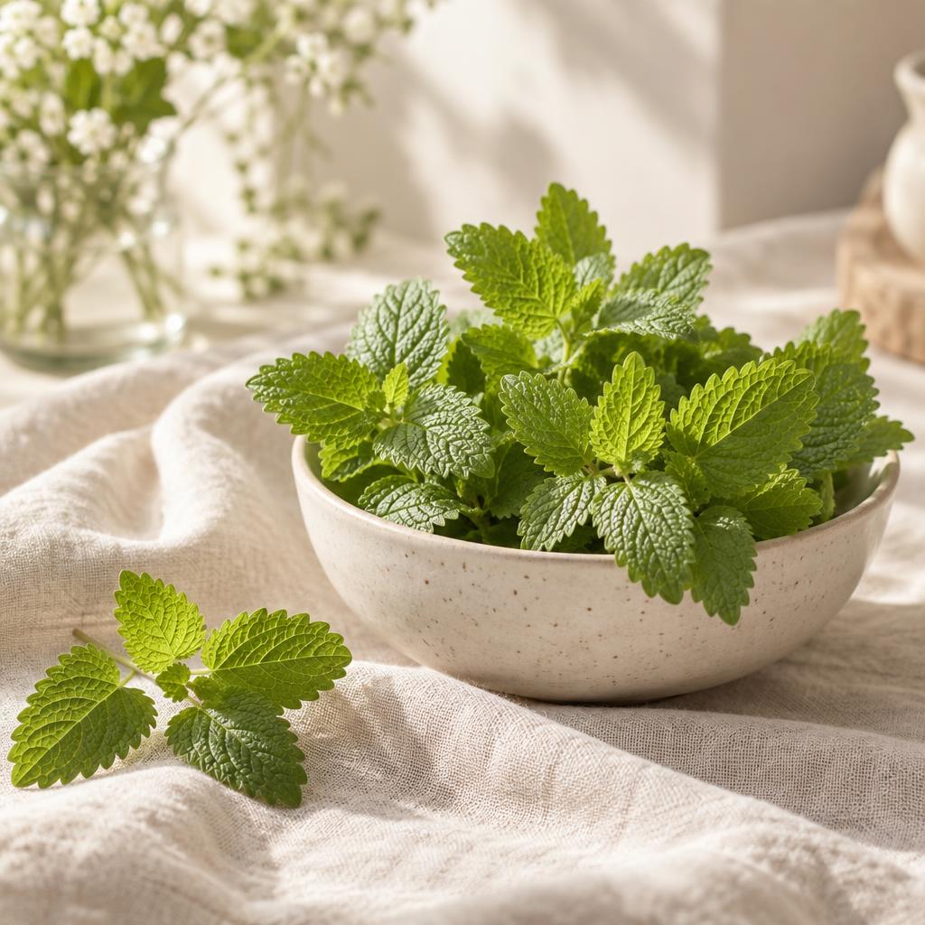 Fresh lemon balm leaves with a lemon slice on cream linen
