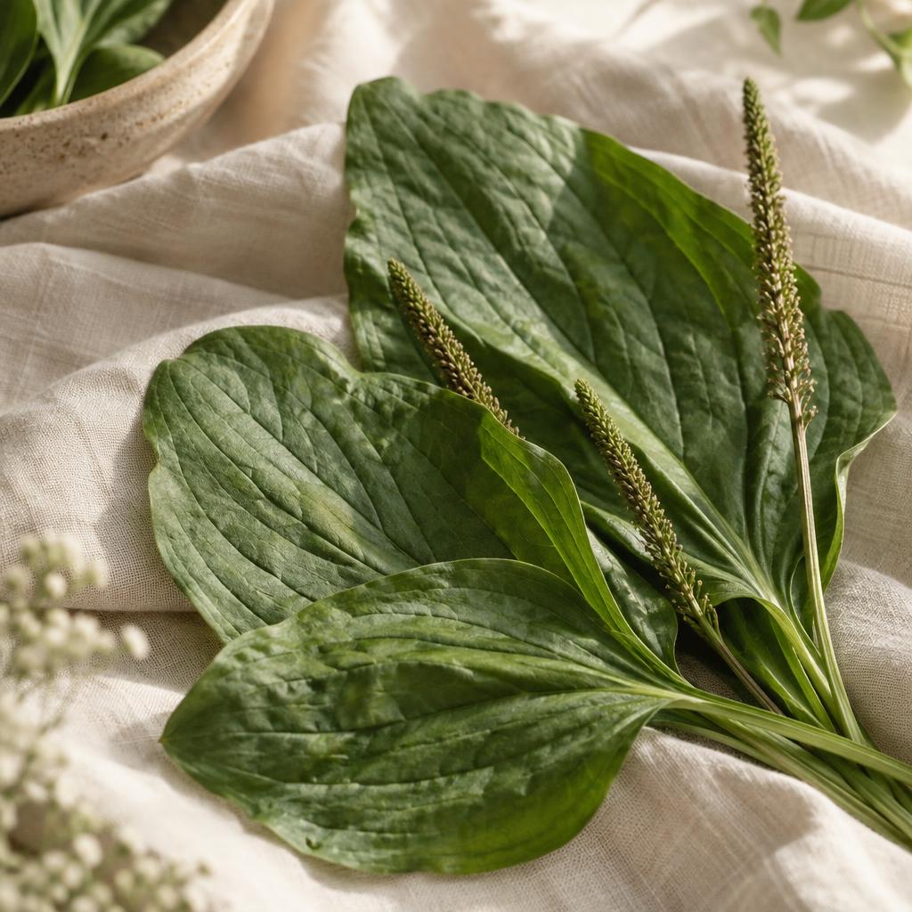 Fresh plantain leaves laid out on cream linen