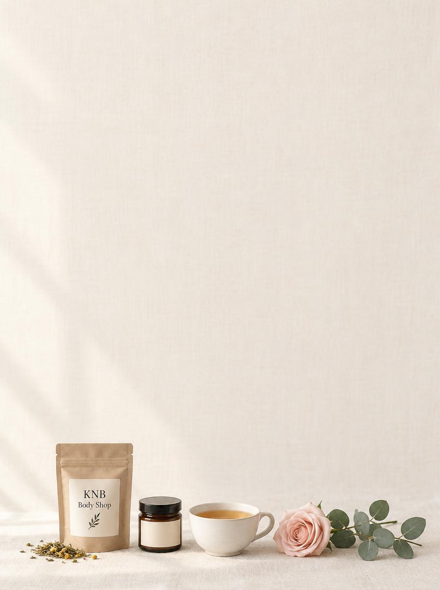 Herbal tea, dried rose petals, chamomile and lavender with a glass teapot on cream linen